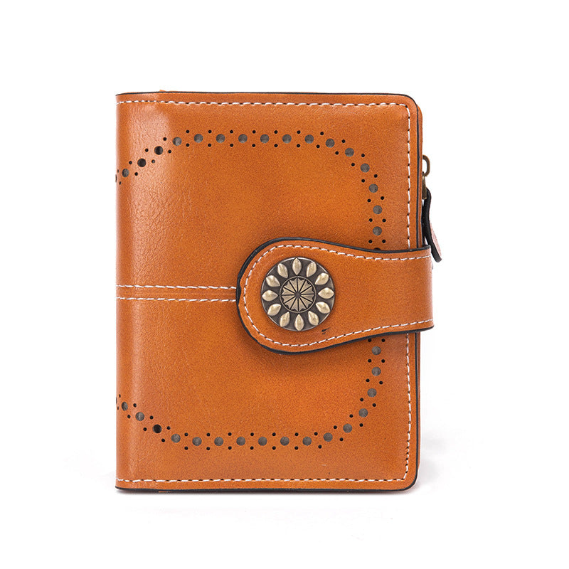 Dark Brown Korean Style Cutout Compact PU Leather Wallet - Women's Mini Bifold Purses with 8 Card Slots, 2 ID Window & Coin Zip Pocket