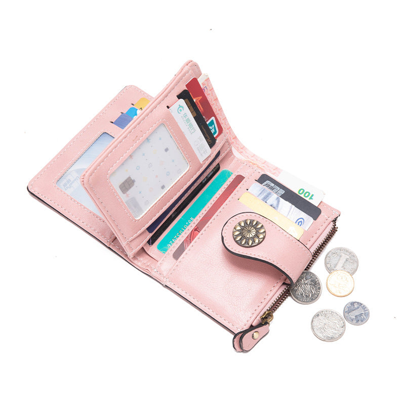 Black Korean Style Cutout Compact PU Leather Wallet - Women's Mini Bifold Purses with 8 Card Slots, 2 ID Window & Coin Zip Pocket - Image 6