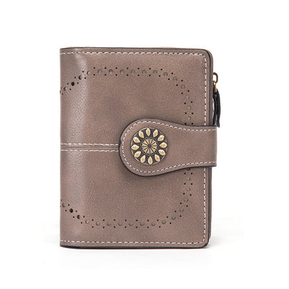 Dark Grey Korean Style Cutout Compact PU Leather Wallet - Women's Mini Bifold Purses with 8 Card Slots, 2 ID Window & Coin Zip Pocket