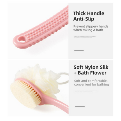 2-Pack Pink 2-in-1 Soft Bristle Long Handle Bath Brush & Shower Pouf Combo - Double-Sided Back Scrubber for Adults & Kids - Image 4