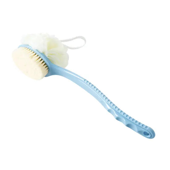2-Pack Blue 2-in-1 Soft Bristle Long Handle Bath Brush & Shower Pouf Combo - Double-Sided Back Scrubber for Adults & Kids