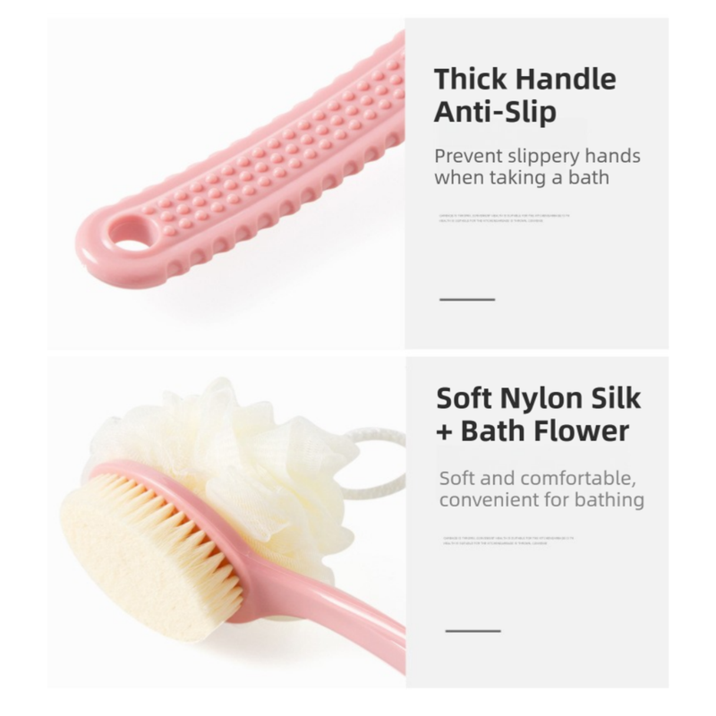 2-Pack Blue 2-in-1 Soft Bristle Long Handle Bath Brush & Shower Pouf Combo - Double-Sided Back Scrubber for Adults & Kids - Image 4
