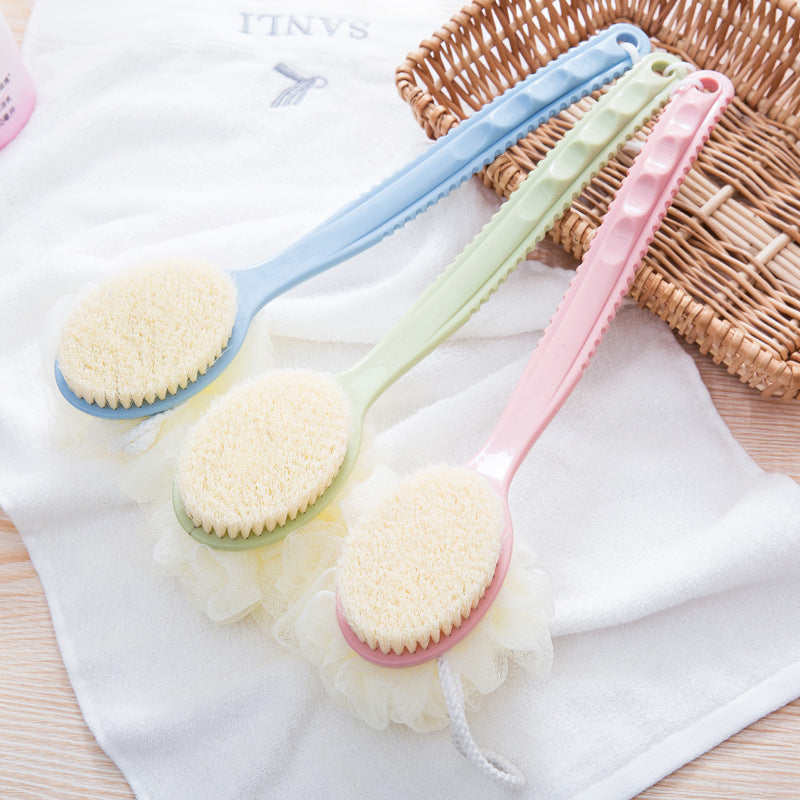 2-Pack Blue 2-in-1 Soft Bristle Long Handle Bath Brush & Shower Pouf Combo - Double-Sided Back Scrubber for Adults & Kids - Image 6