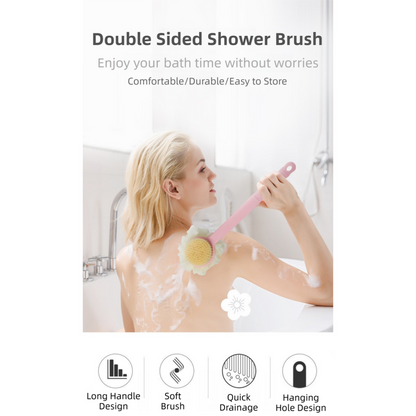 2-Pack Green 2-in-1 Soft Bristle Long Handle Bath Brush & Shower Pouf Combo - Double-Sided Back Scrubber for Adults & Kids - Image 3