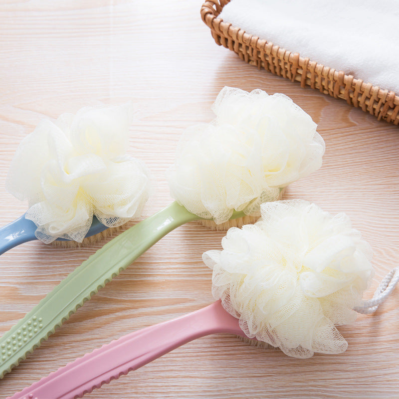 2-Pack Green 2-in-1 Soft Bristle Long Handle Bath Brush & Shower Pouf Combo - Double-Sided Back Scrubber for Adults & Kids - Image 5