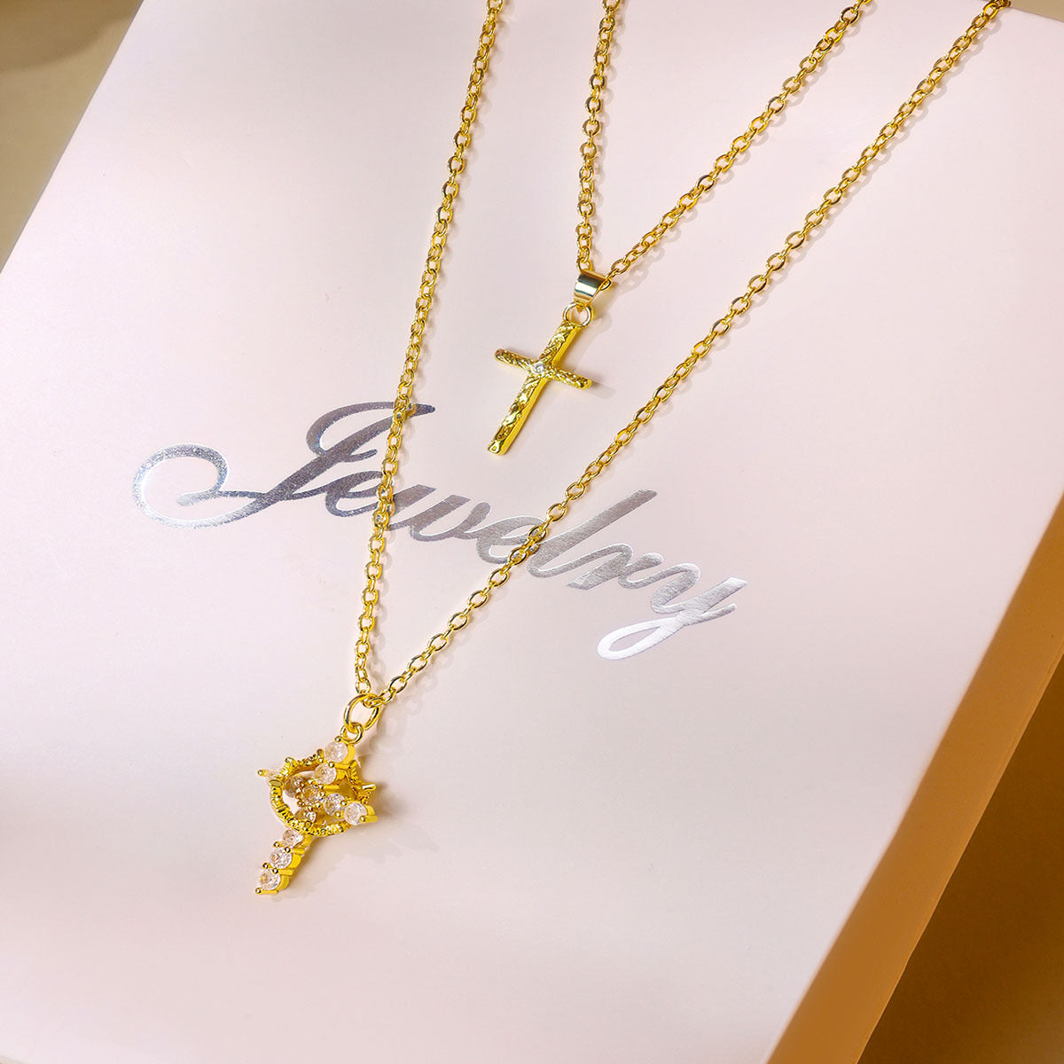 Personalised Copper Adjustable Layered Necklace Set(4PCS) - Custom A-Z Initial Letter Square + Cross Pendant & Double Cross Pendant Stacking Combo - Image 2