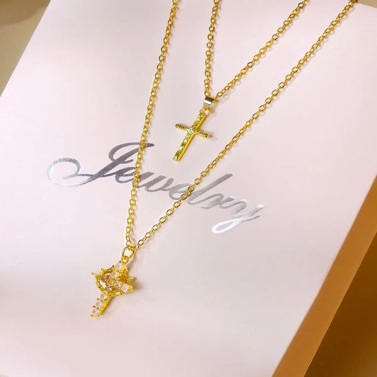 Personalised Copper Adjustable Layered Necklace Set(4PCS) - Custom A-Z Initial Letter Square + Cross Pendant & Double Cross Pendant Stacking Combo - Image 2