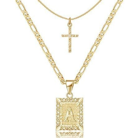 Personalised Copper Adjustable Layered Necklace Set(4PCS) - Custom A-Z Initial Letter Square + Cross Pendant & Double Cross Pendant Stacking Combo - Image 4