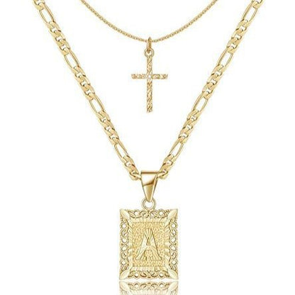 Personalised Copper Adjustable Layered Necklace Set(4PCS) - Custom A-Z Initial Letter Square + Cross Pendant & Double Cross Pendant Stacking Combo - Image 4