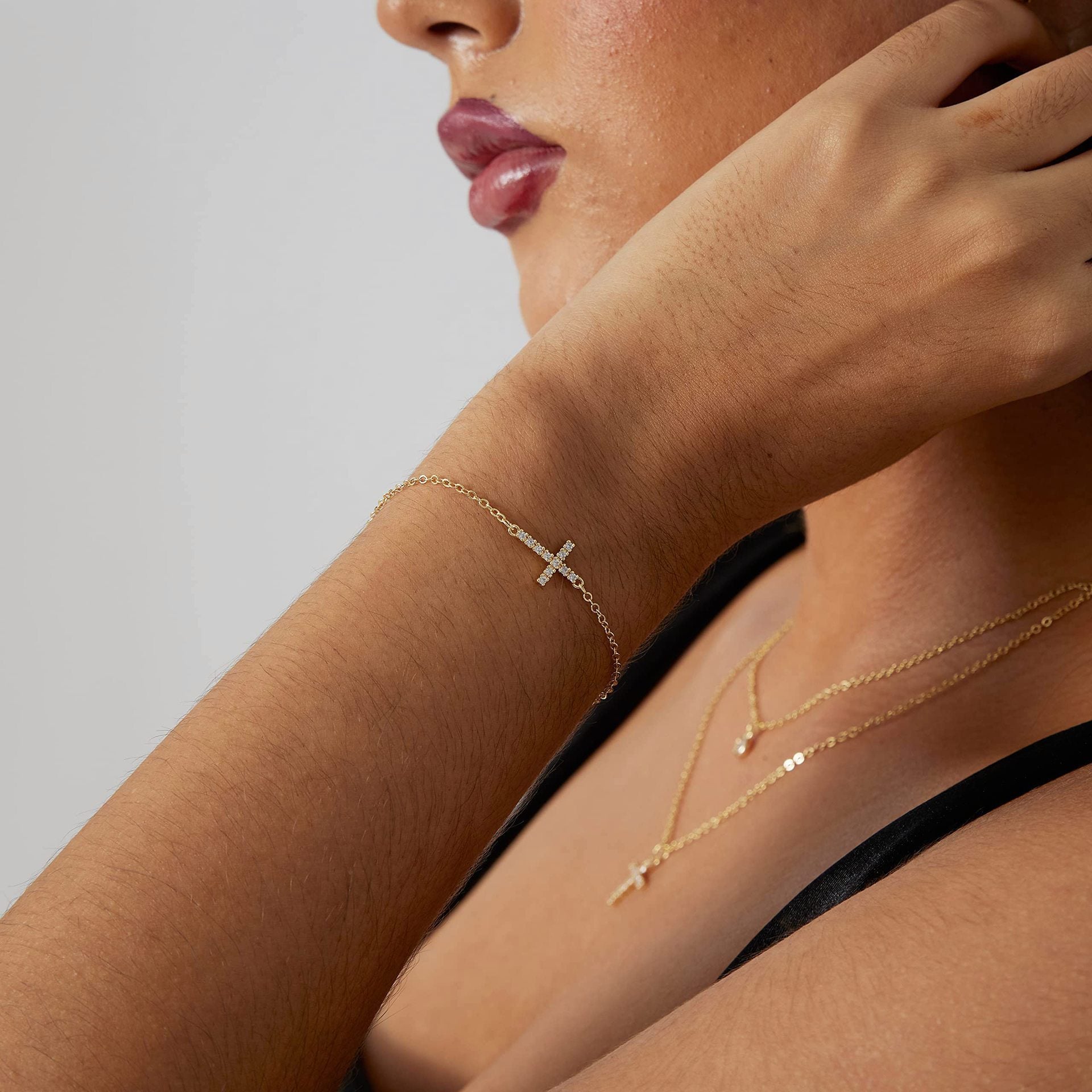 2-Pack Sliver Plated Micro-Paved CZ Mini Cross Bracelet - Dainty Adjustable O-Chain Wrist Jewelry(16-21CM) - Image 2
