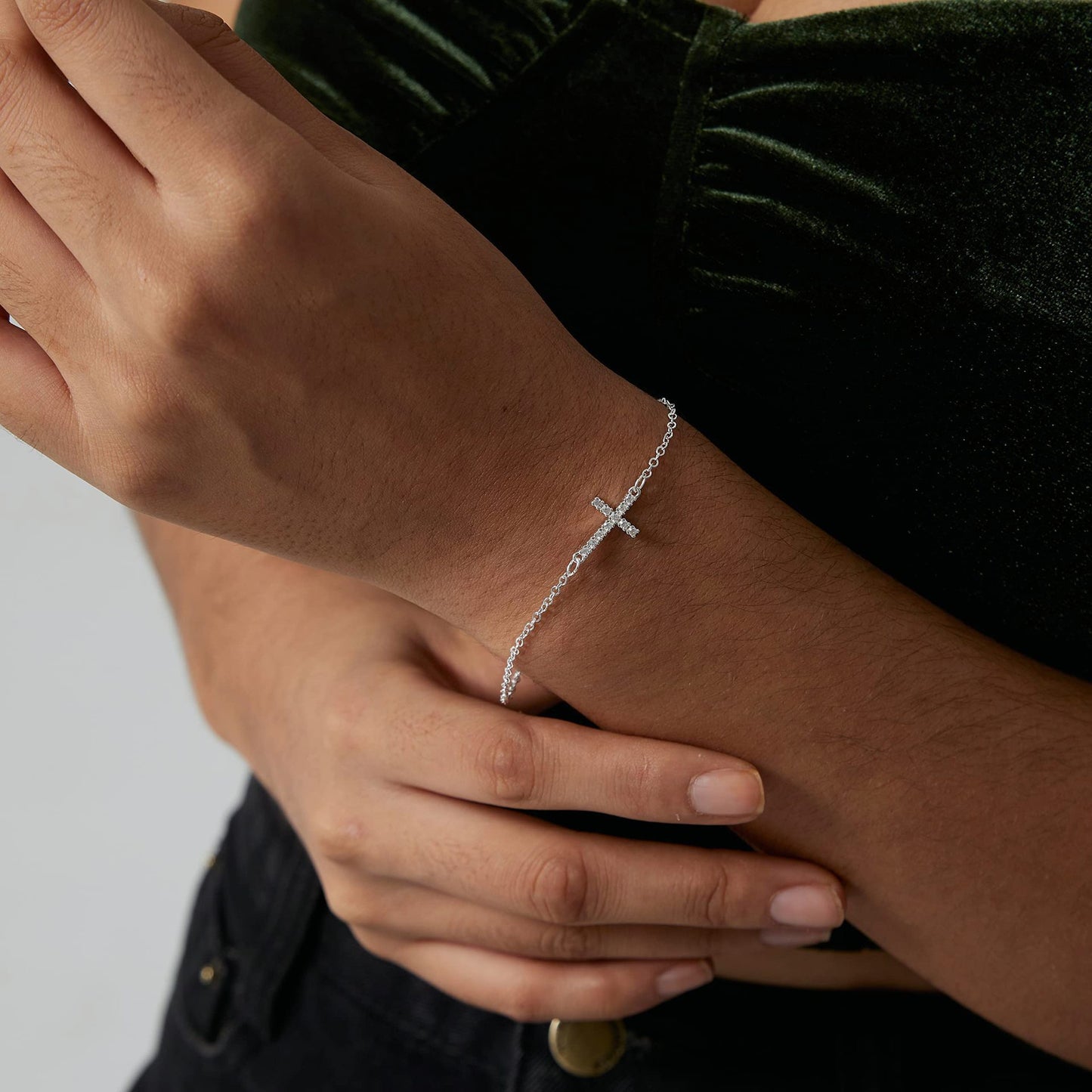 2-Pack Gold & Sliver Plated Micro-Paved CZ Mini Cross Bracelet - Dainty Adjustable O-Chain Wrist Jewelry(16-21CM) - Image 2