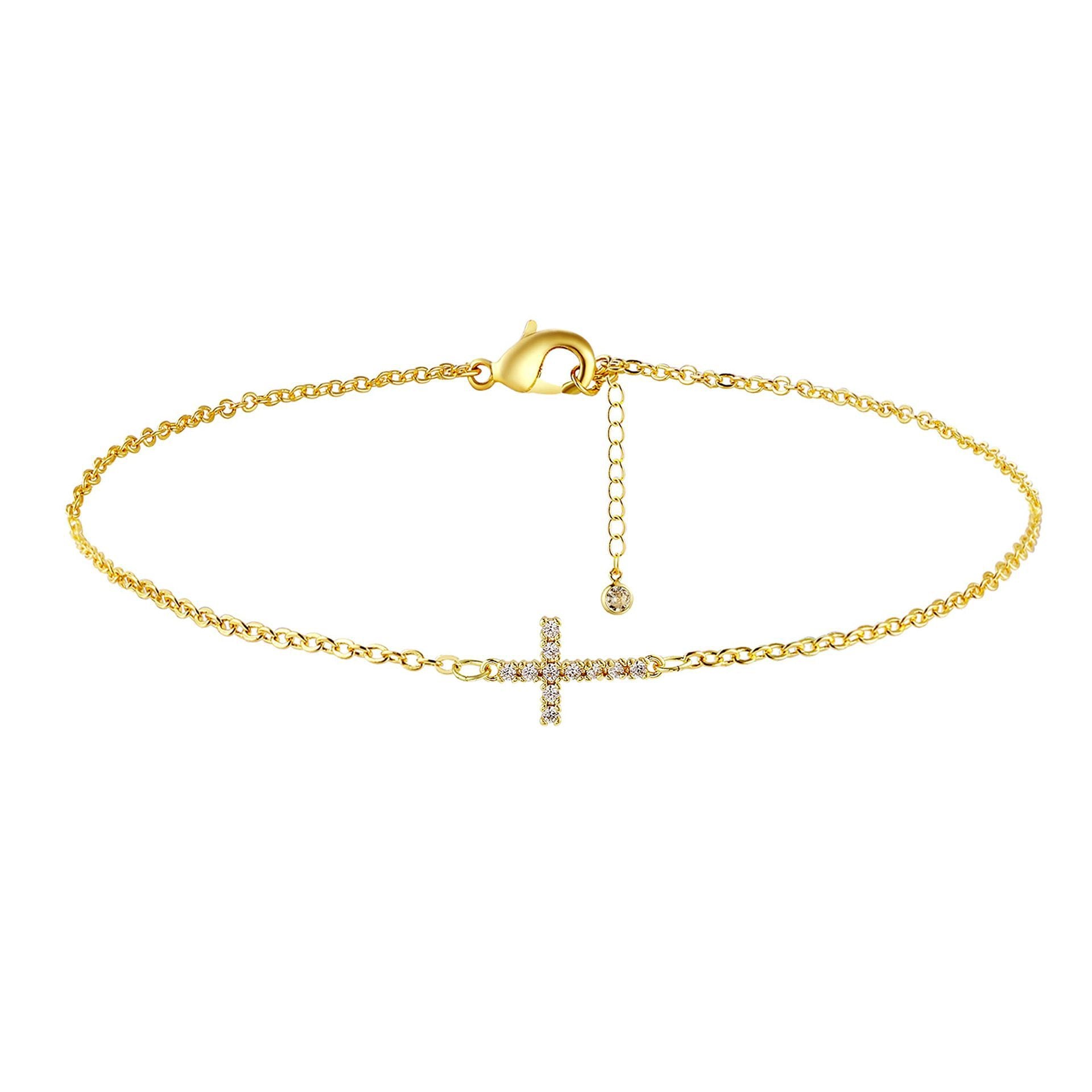 2-Pack Gold & Sliver Plated Micro-Paved CZ Mini Cross Bracelet - Dainty Adjustable O-Chain Wrist Jewelry(16-21CM) - Image 4