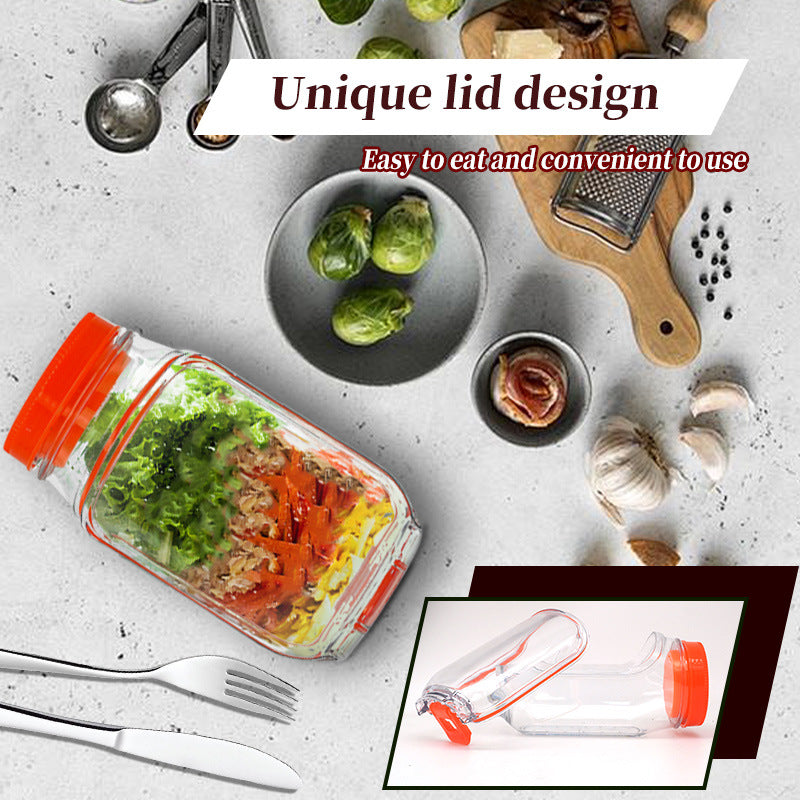 Orange Portable All-in-One Side-Opening Salad Container Jar with Fork(10.5x19CM) - Plastic Layered Meal Storage Cup for Kitchen & On-the-Go - Image 2