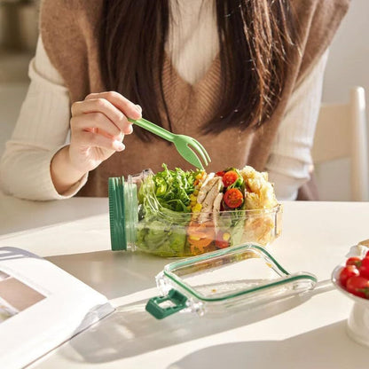 Orange Portable All-in-One Side-Opening Salad Container Jar with Fork(10.5x19CM) - Plastic Layered Meal Storage Cup for Kitchen & On-the-Go - Image 3