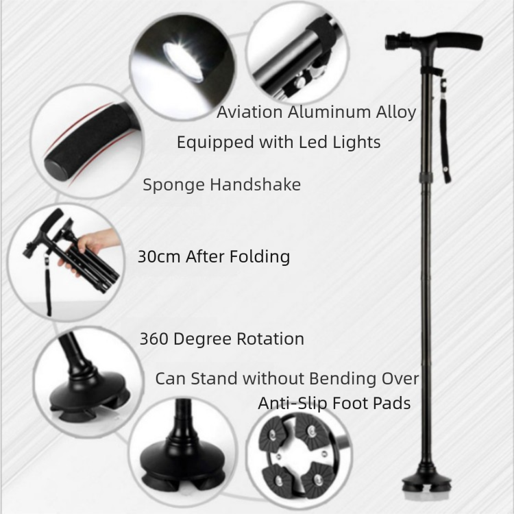 Folding LED Walking Cane with Dual Handle - Adjustable(88-98CM), Anti-Slip 4-Prong Base, and Stand-Up Function for Seniors - Image 2