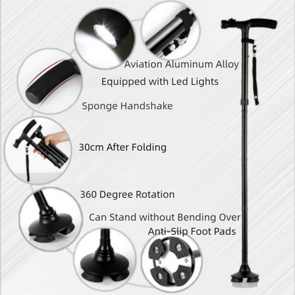 Folding LED Walking Cane with Dual Handle - Adjustable(88-98CM), Anti-Slip 4-Prong Base, and Stand-Up Function for Seniors - Image 2