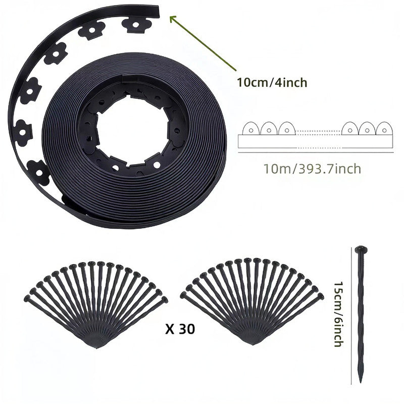 Black L-Shape PE Landscape Edging Roll Kit (10CM Height x 10M Long) - Anti-Root Lawn & Garden Divider with 30 Ground Stakes