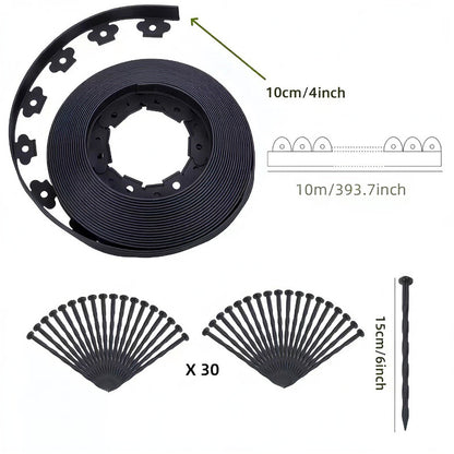 Black L-Shape PE Landscape Edging Roll Kit (10CM Height x 10M Long) - Anti-Root Lawn & Garden Divider with 30 Ground Stakes