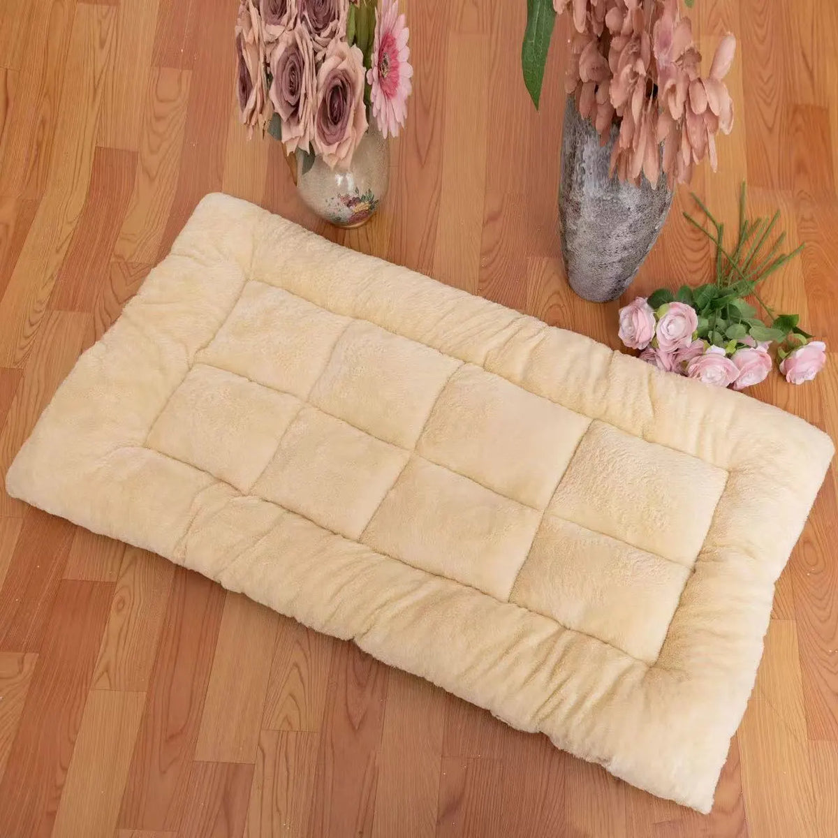 Superior Insulation Khaki Dual-Sided Pet Sleeping Mat(120X60CM) for Dogs & Cats - 3D Thickened Support & Durable Wavy Quilting, Reversible Lamb Velvet & Brushed Cotton Bed