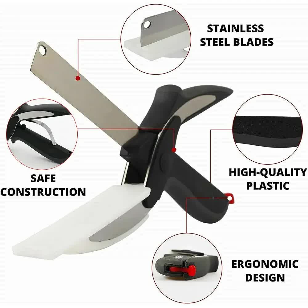 2-in-1 Ingenious Cutter Food Chopper & Scissor for Kitchen Versatile Use - 420 Stainless Steel Blade & Cutting Board Base,  with Safety Lock - Image 2