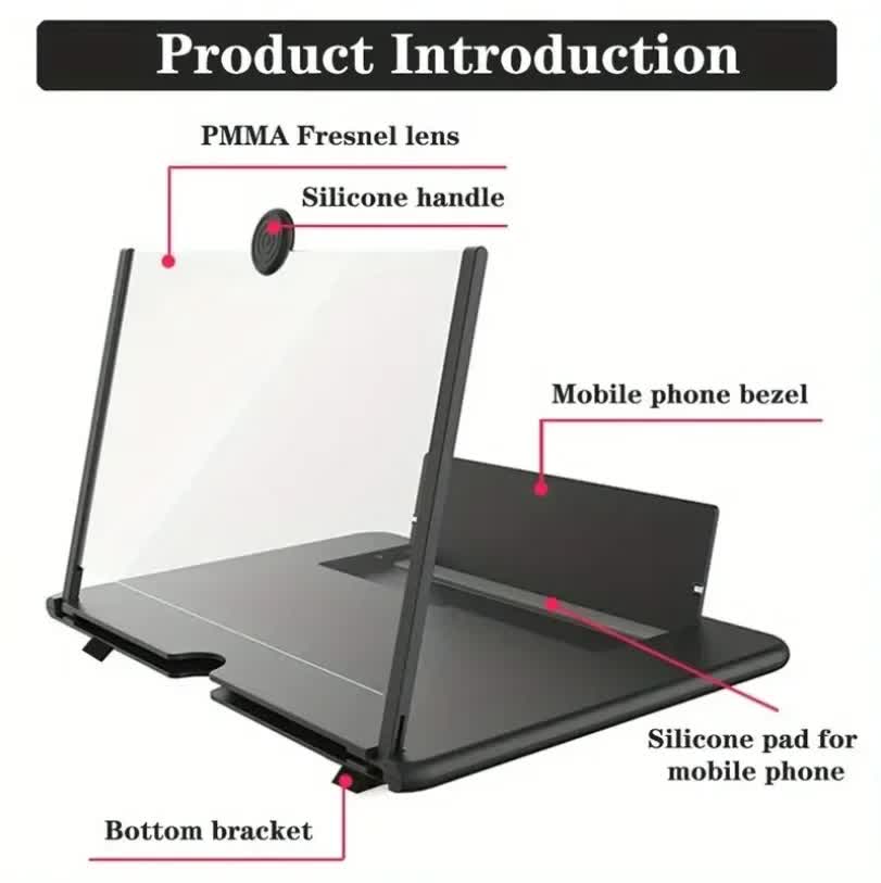 Black 12-Inch Ultra-Clear Portable Retractable HD Mobile Phone Screen Magnifier - Eye Protection Fresnel Lens Projector, with Built-in Phone Holder & Adjustable Base - Image 7