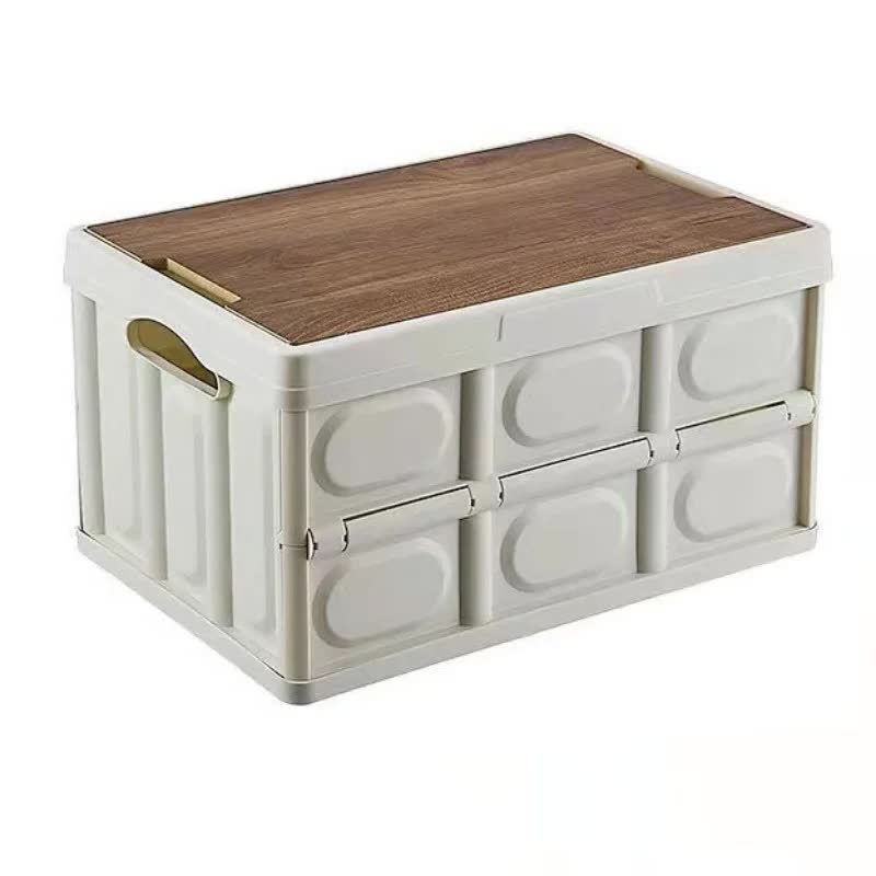 White Collapsible Small Standard Storage Box with Wooden Table Top(39x27x21CM) - Car Trunk Organiser for Australian Camping & Home Use