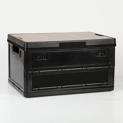 Black Collapsible Medium Side-Open Storage Box with Wooden Table Top(42x28x23CM) - Car Trunk Organiser for Australian Camping & Home Use