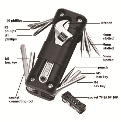 Black Compact 16-in-1 Bicycle & Motorcycle Repair Multi-Tool with Adjustable Wrench & Socket Set - Image 2