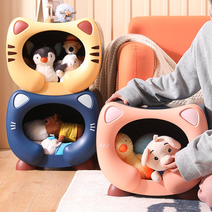 Yellow Cute Cat-Themed Stackable Storage Bin - Multi-purpose Pet Bed & Toy Organizer - Image 3