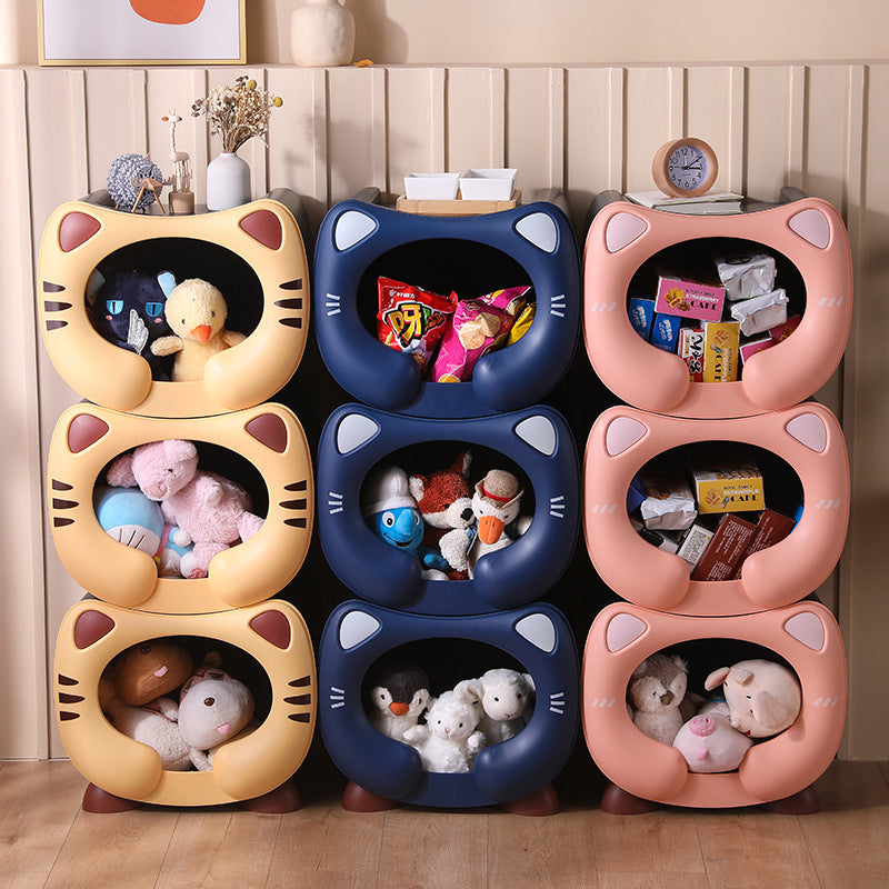 Blue Cute Cat-Themed Stackable Storage Bin - Multi-purpose Pet Bed & Toy Organizer - Image 4