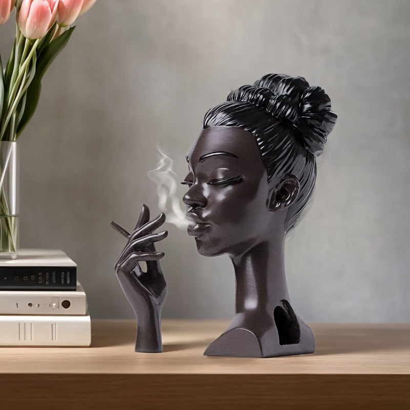 Black Elegant African Woman Head Incense Burner - Creative Desktop Sculpture & Resin Craft - Image 2