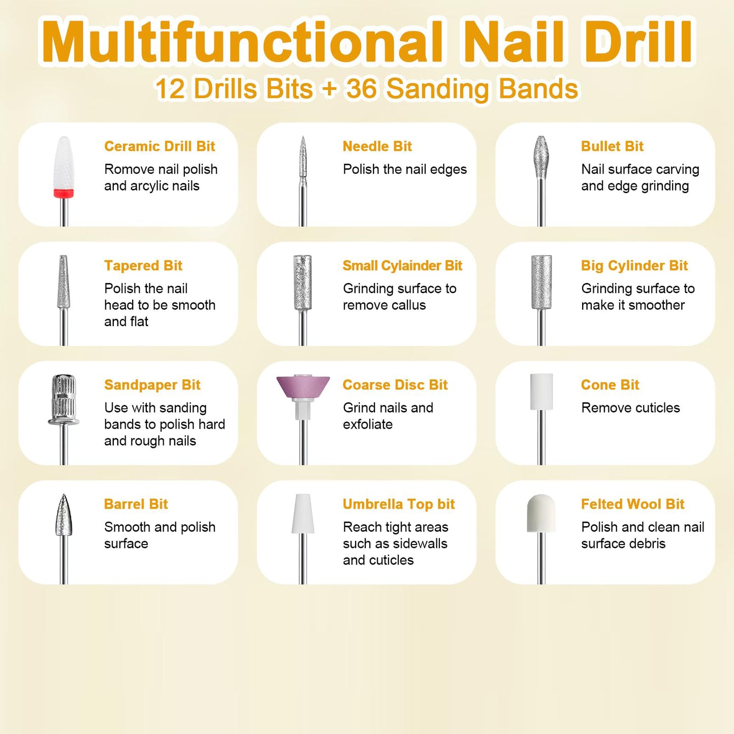 White Cordless Electric Nail Drill Kit - Portable Manicure Pedicure Polisher with 12 Bits - Image 4