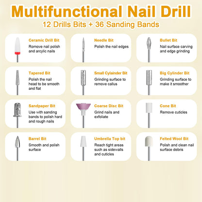 White Cordless Electric Nail Drill Kit - Portable Manicure Pedicure Polisher with 12 Bits - Image 4
