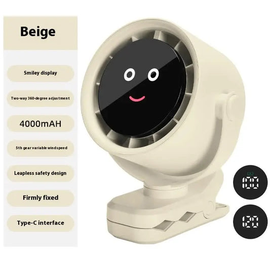 White Portable Stroller Fan with LED Display - Bladeless Safety Clip-On Fan for Baby & Desk (4000mAh, 360 degree Rotation)