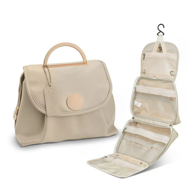 Beige Water-Resistant Travel Toiletry Bag with Hook - Foldable Cosmetic Organizer for Men & Women