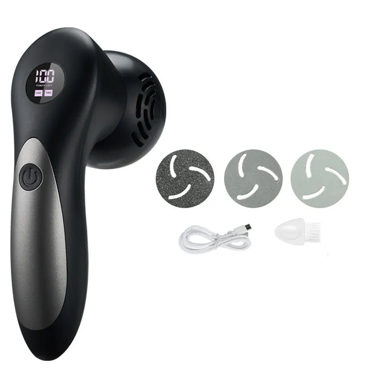Black Electric Foot Callus Remover with Vacuum - Rechargeable Pedicure Tool with 3 Quartz Grinding Heads & LED Display