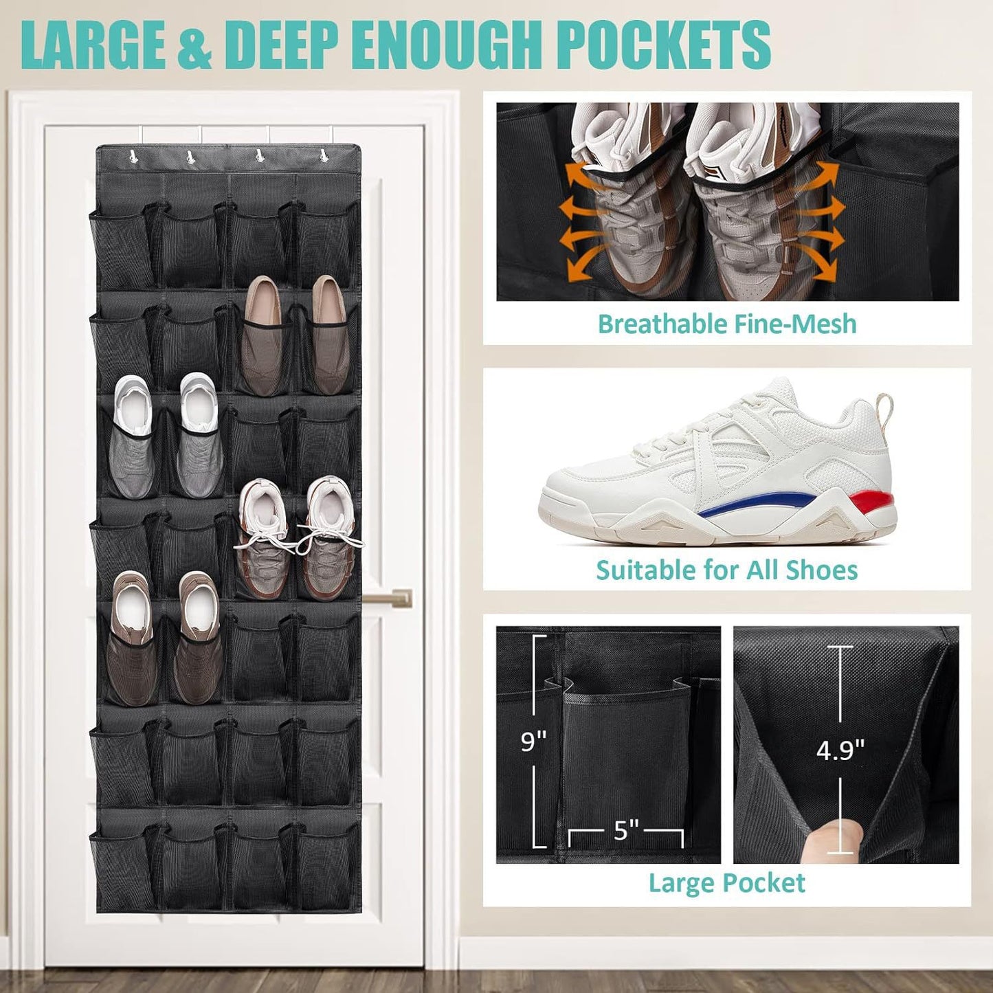 Black 28-Pocket Over-the-Door Shoe Organizer with Breathable Mesh – Wall Hanging Storage Bag for Shoes, Boots, and Accessories - Image 4