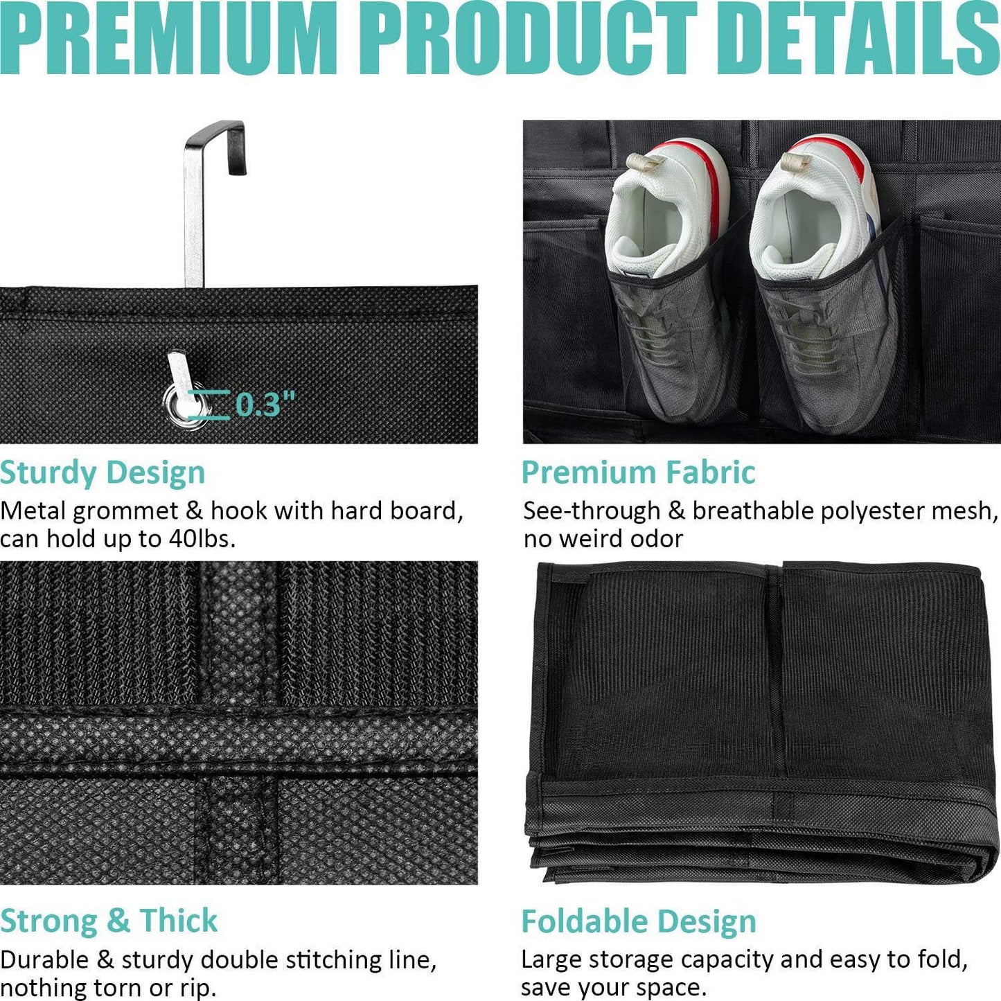 Black 28-Pocket Over-the-Door Shoe Organizer with Breathable Mesh – Wall Hanging Storage Bag for Shoes, Boots, and Accessories - Image 5