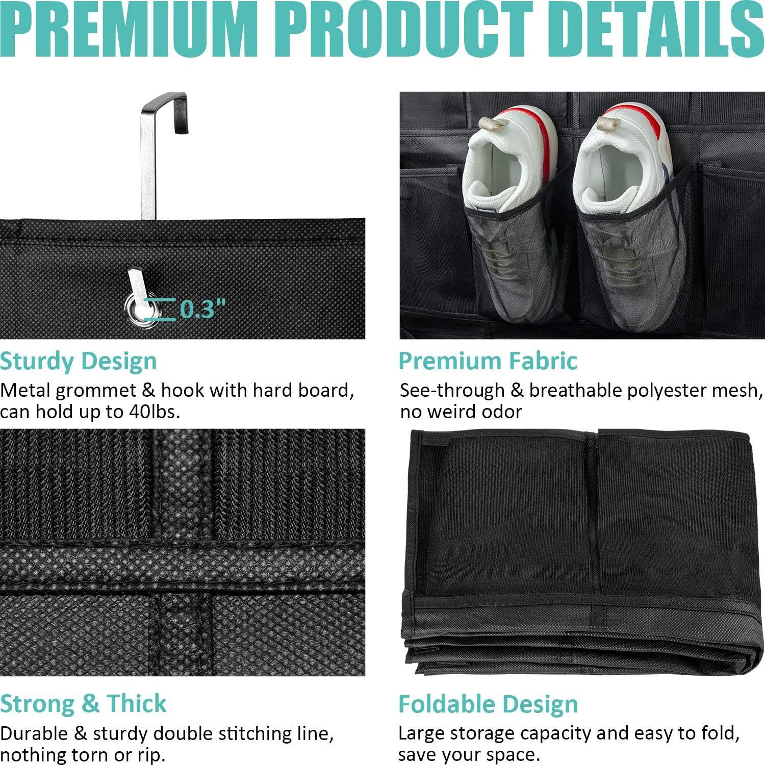 Black 28-Pocket Over-the-Door Shoe Organizer with Breathable Mesh – Wall Hanging Storage Bag for Shoes, Boots, and Accessories - Image 5