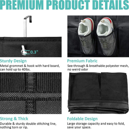 Black 28-Pocket Over-the-Door Shoe Organizer with Breathable Mesh – Wall Hanging Storage Bag for Shoes, Boots, and Accessories - Image 5