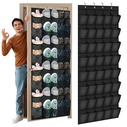 Black 28-Pocket Over-the-Door Shoe Organizer with Breathable Mesh – Wall Hanging Storage Bag for Shoes, Boots, and Accessories - Image 6