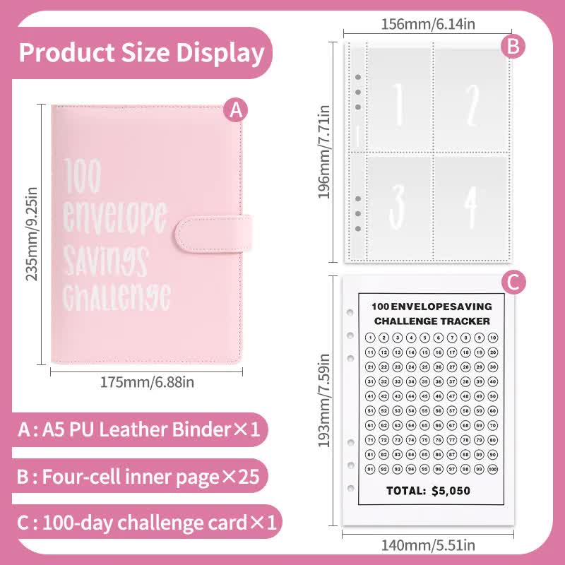 Pink 100 Envelope Savings Challenge Binder - A5 Budget Planner & Money Organizer with Zipper Pockets - Perfect for Couples & Families - Image 5