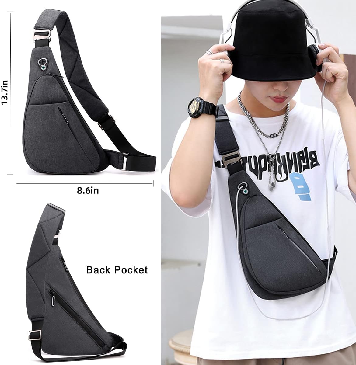 Black left shoulder New Men's Reflective Crossbody Sling Bag - Casual Commuter Shoulder Chest Pack for Daily Essentials - Image 4