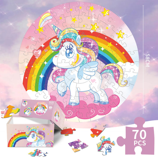 Unicorn puzzle Round Cardboard 70-Piece Jigsaw Puzzle - Educational Kids Puzzle Toy, Fun & Engaging