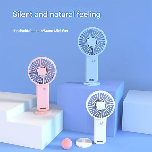 2-PCS Blue Portable USB Rechargeable Mini Handheld Fan with Desktop Base & Phone Stand - 3-Speed Quiet Operation - Image 3