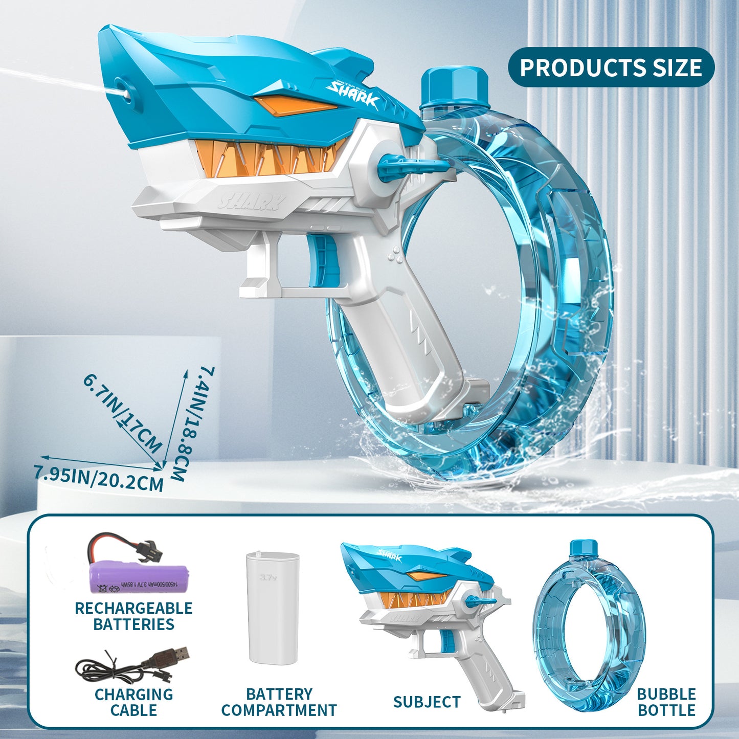 Blue Electric Shark Water Gun for Kids - Automatic Continuous Shot Blaster with Large Capacity Water Bottle & Rechargeable Lithium Battery - Long Range Summer Outdoor Toy