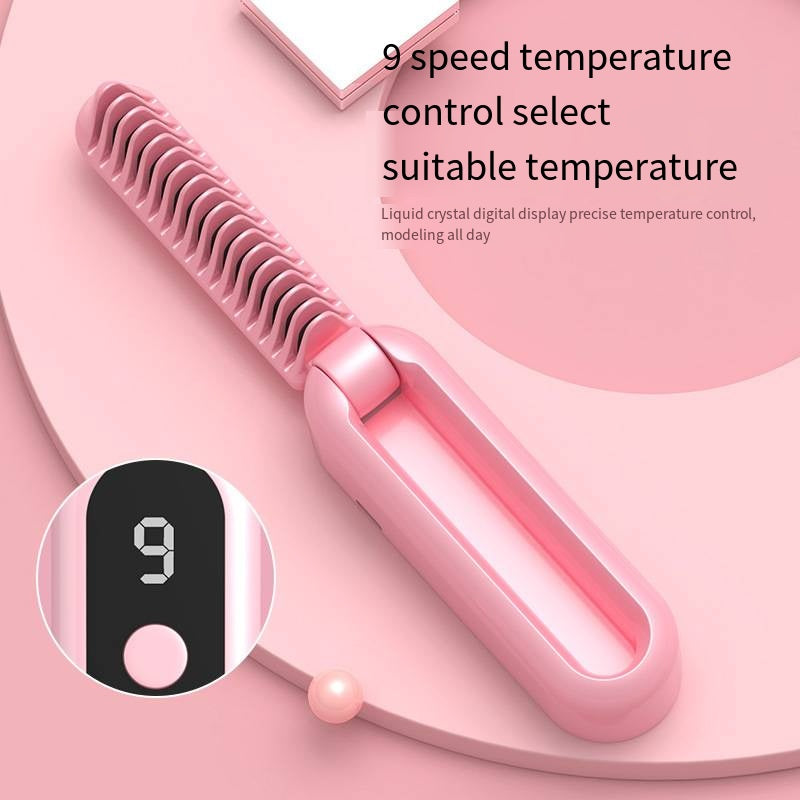 Beige Portable Foldable Cordless Hair Straightener Comb - 2-in-1 Ionic Styling for Smooth, Frizz-Free Hair - Image 3