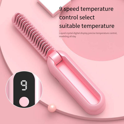 Beige Portable Foldable Cordless Hair Straightener Comb - 2-in-1 Ionic Styling for Smooth, Frizz-Free Hair - Image 3