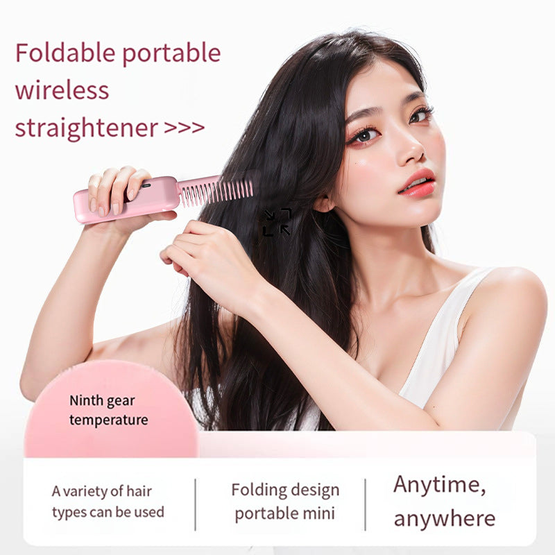 Pink Portable Foldable Cordless Hair Straightener Comb - 2-in-1 Ionic Styling for Smooth, Frizz-Free Hair - Image 4