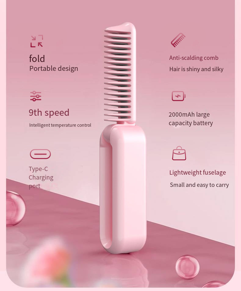 Pink Portable Foldable Cordless Hair Straightener Comb - 2-in-1 Ionic Styling for Smooth, Frizz-Free Hair - Image 6